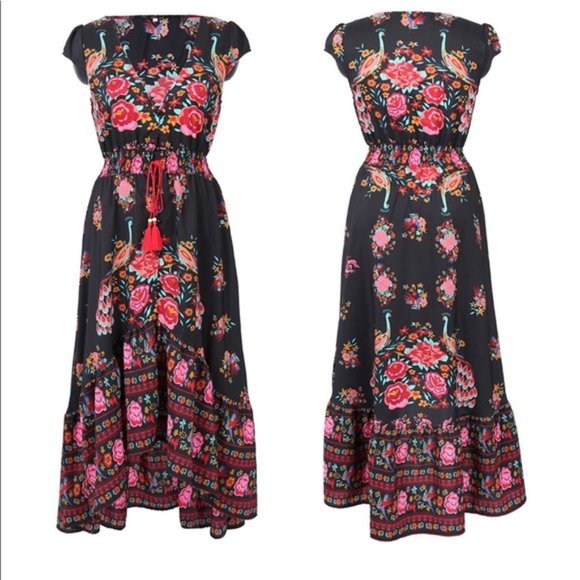 RANI Black Bohemian Peacock Maxi Dress - Picture 2 of 5